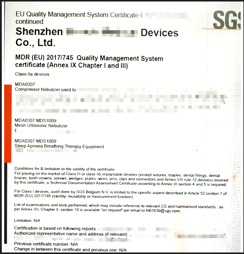 辅导深圳某客户获雾化器CE MDR证书